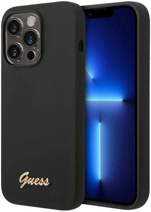 Чехол Guess Liquid Silicone Gold Metal logo для iPhone 14 Pro черный